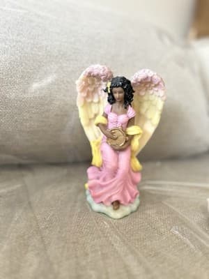 HERTCO Angel Figurine Pink Dress Gold Tambourine Pastel Wings Resin 6-7”