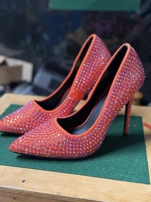 Orange Rhinestone High Heel Pumps Sparkly Pointed Toe Stiletto Shoes