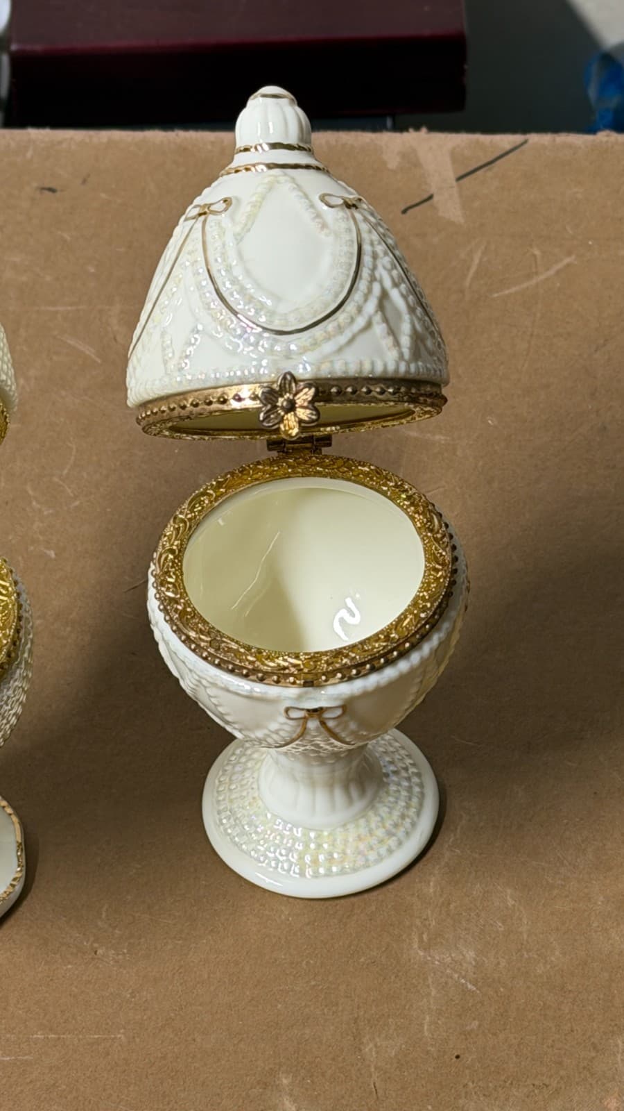 Ivory Elegance Fabergé-Style Hinged Egg Trinket Boxes Set of 2 Gold Trim - Thumbnail 7