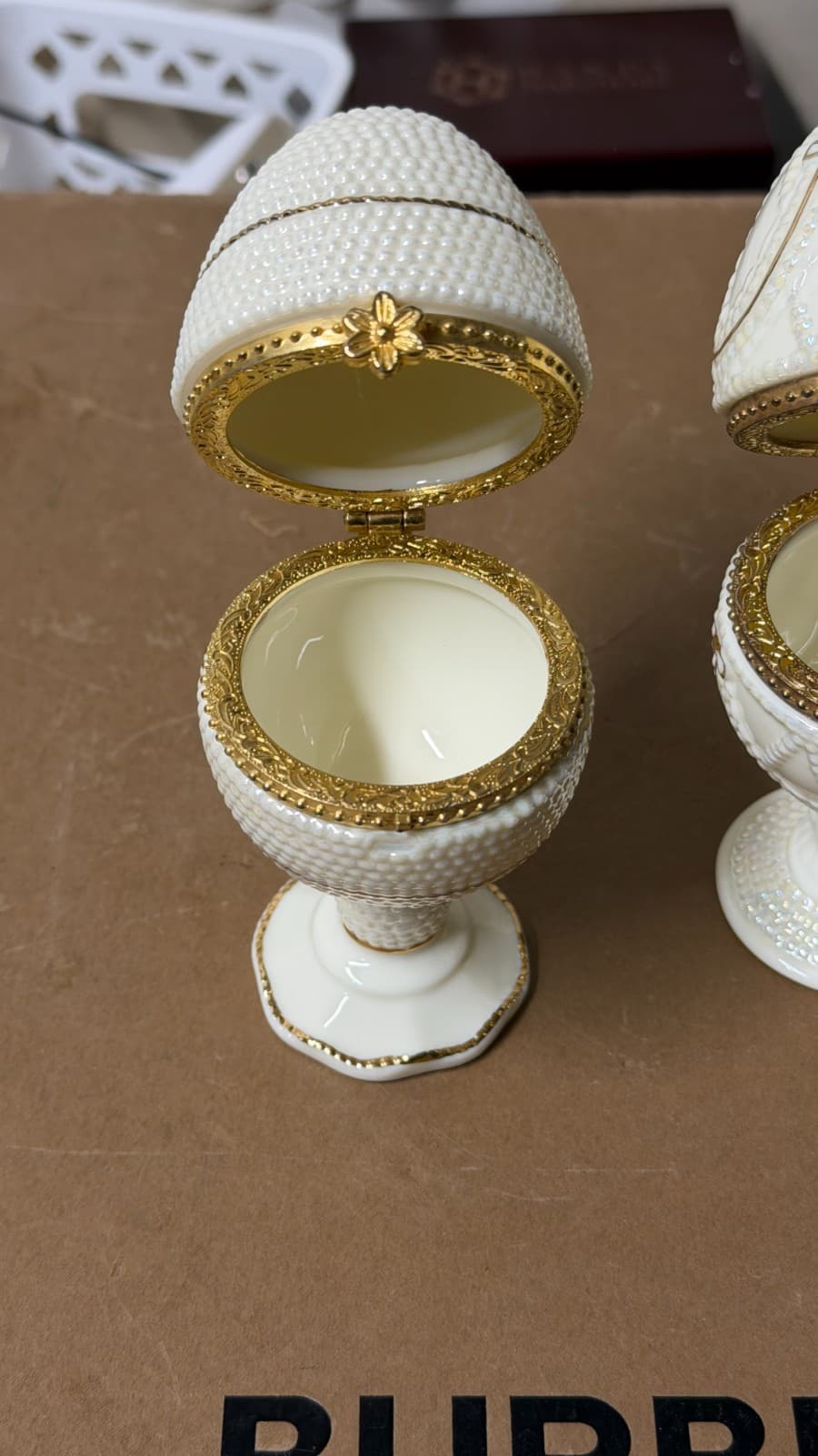 Ivory Elegance Fabergé-Style Hinged Egg Trinket Boxes Set of 2 Gold Trim - Thumbnail 5