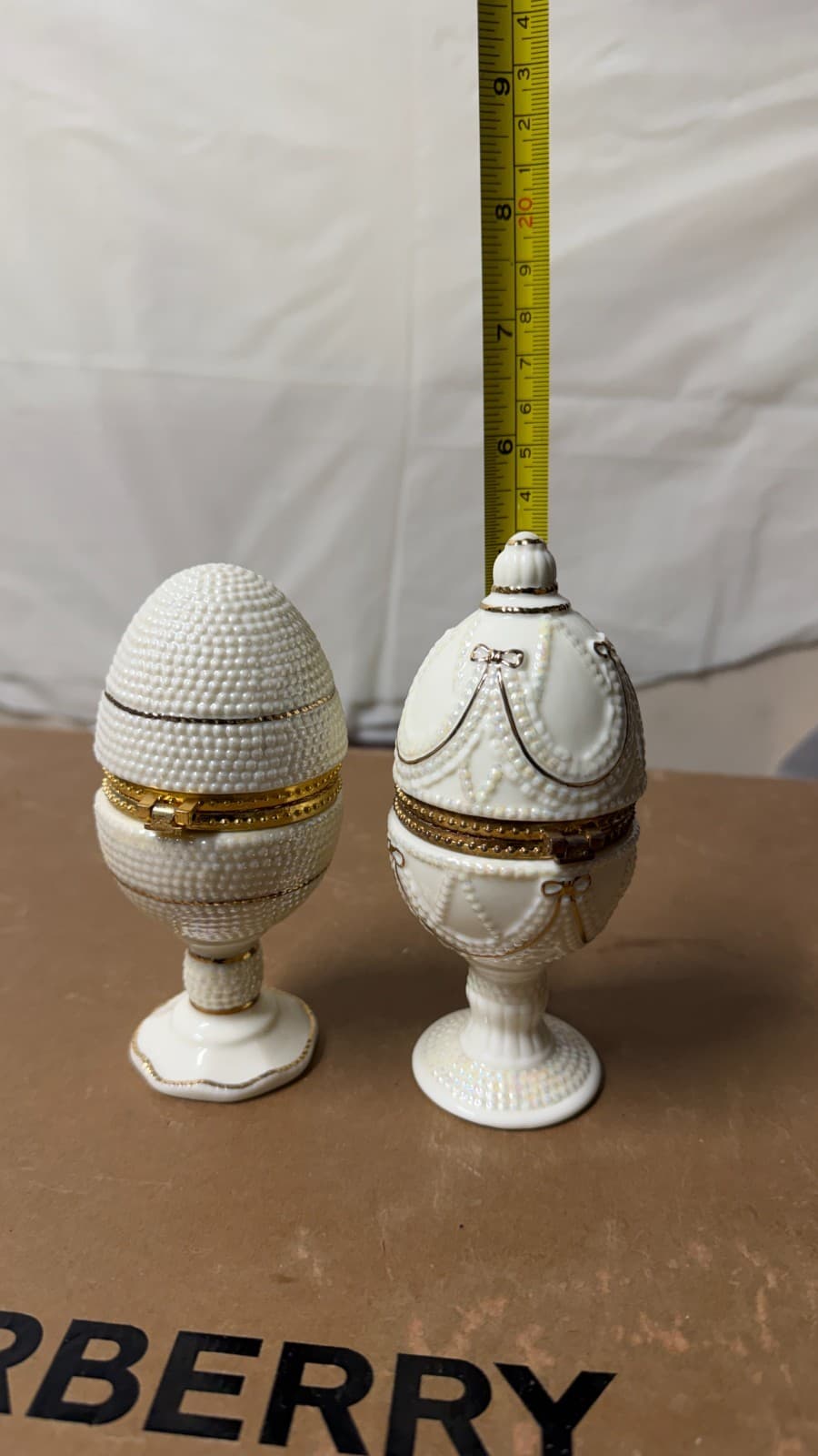 Ivory Elegance Fabergé-Style Hinged Egg Trinket Boxes Set of 2 Gold Trim - Thumbnail 13