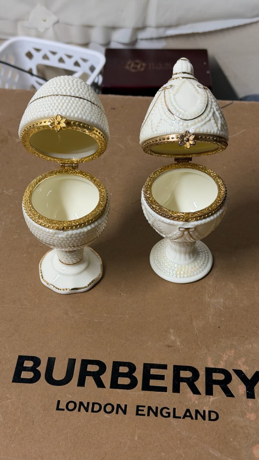 Ivory Elegance Fabergé-Style Hinged Egg Trinket Boxes Set of 2 Gold Trim - Thumbnail 4