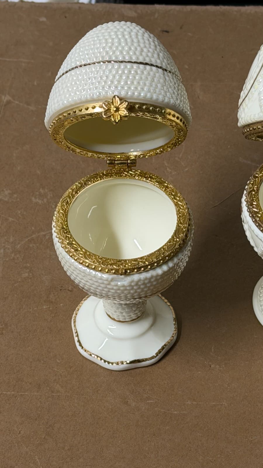 Ivory Elegance Fabergé-Style Hinged Egg Trinket Boxes Set of 2 Gold Trim - Thumbnail 6