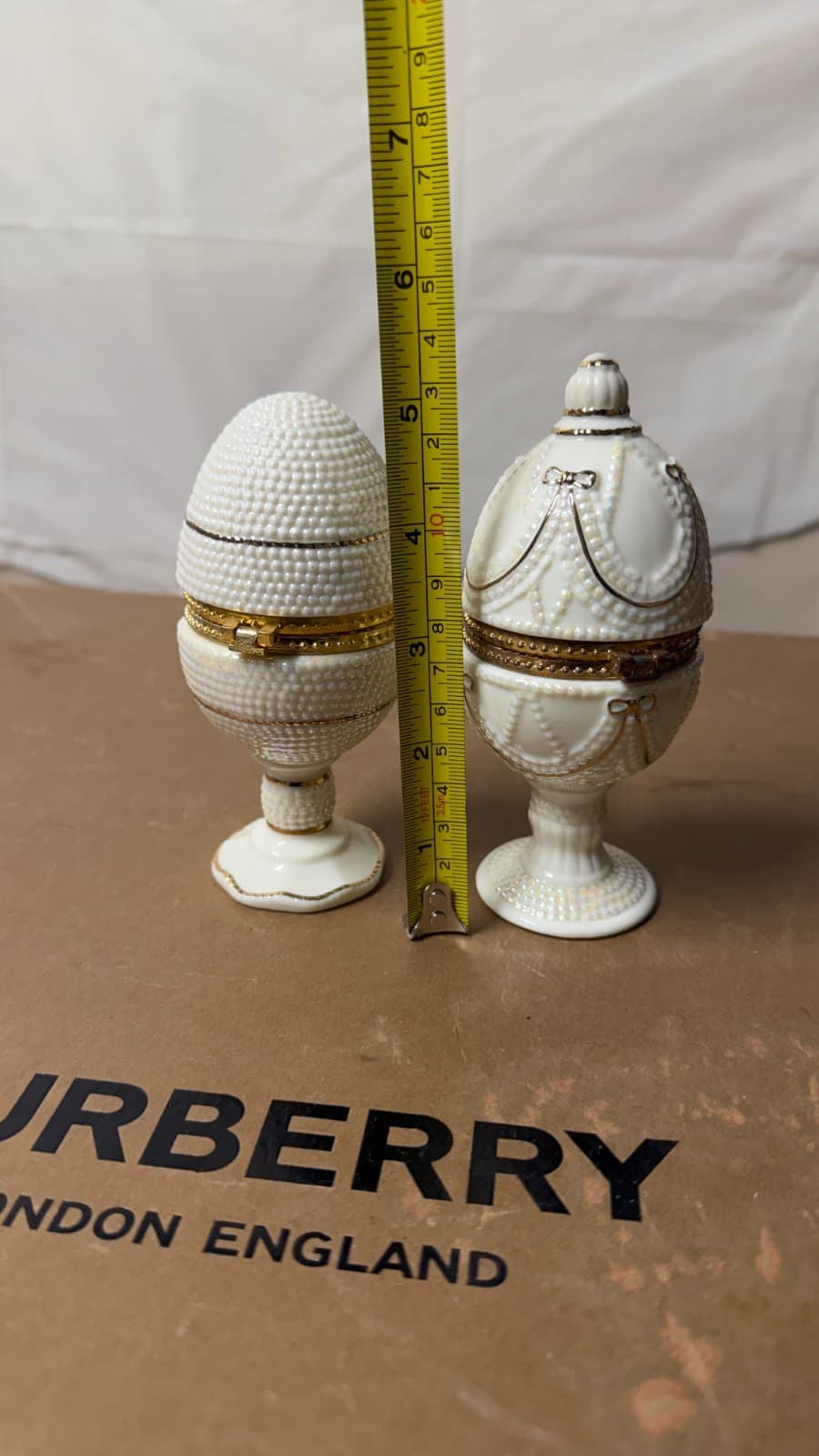 Ivory Elegance Fabergé-Style Hinged Egg Trinket Boxes Set of 2 Gold Trim - Thumbnail 12