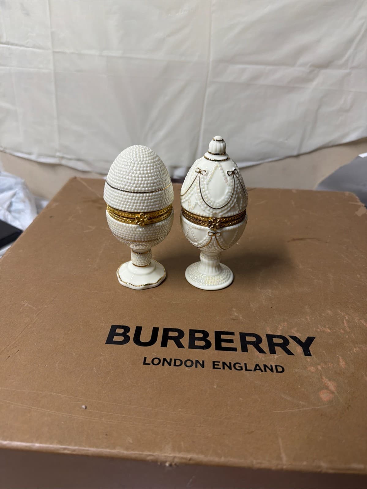 Ivory Elegance Fabergé-Style Hinged Egg Trinket Boxes Set of 2 Gold Trim