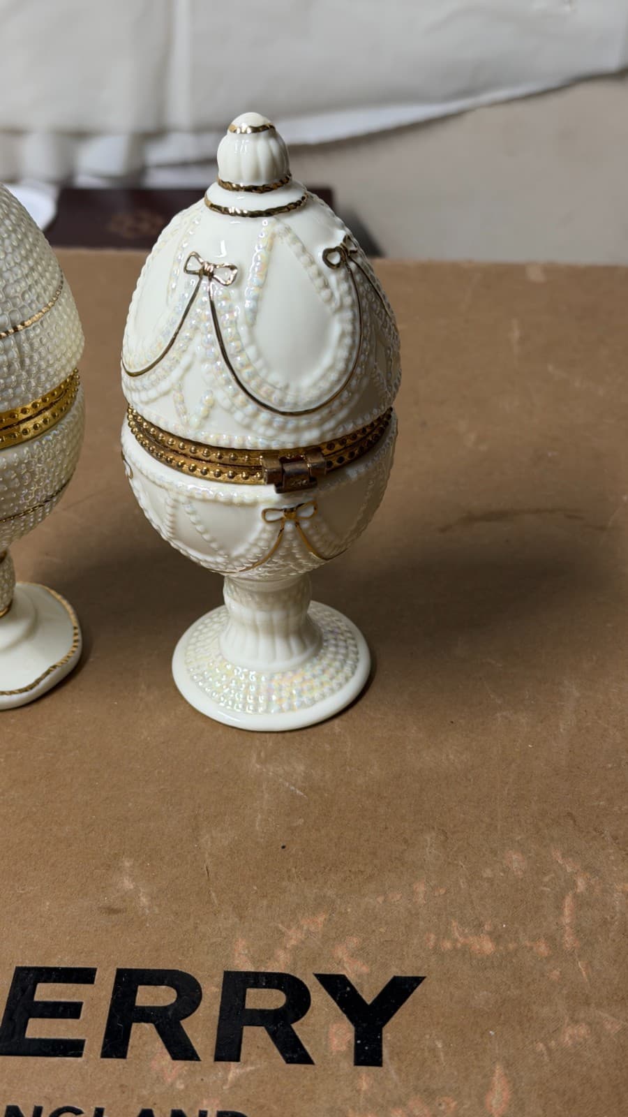 Ivory Elegance Fabergé-Style Hinged Egg Trinket Boxes Set of 2 Gold Trim - Thumbnail 11