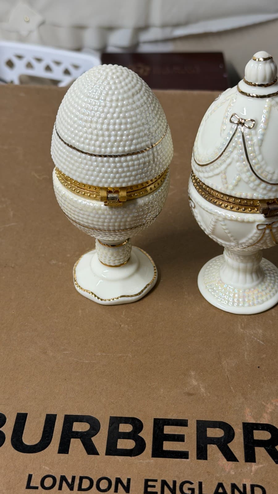 Ivory Elegance Fabergé-Style Hinged Egg Trinket Boxes Set of 2 Gold Trim - Thumbnail 10