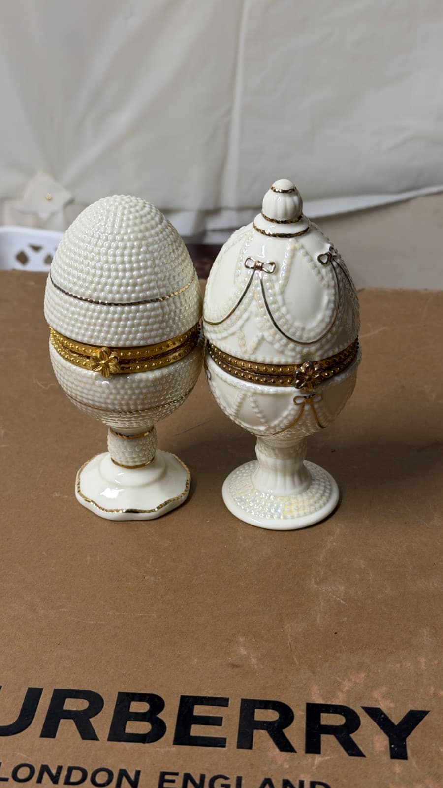 Ivory Elegance Fabergé-Style Hinged Egg Trinket Boxes Set of 2 Gold Trim - Thumbnail 3