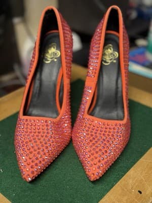Orange Rhinestone High Heel Pumps Sparkly Pointed Toe Stiletto Shoes - Thumbnail 3