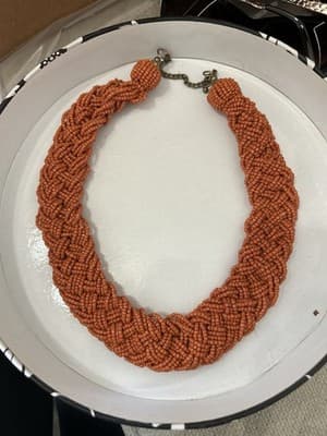 Braided Burnt Orange Seed Bead Statement Necklace Boho Ethnic Rope Style - Thumbnail 2