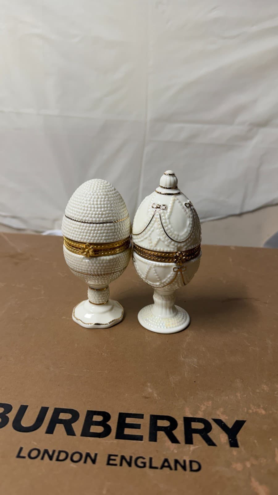 Ivory Elegance Fabergé-Style Hinged Egg Trinket Boxes Set of 2 Gold Trim - Thumbnail 2