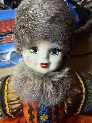 Vintage Russian Folk Doll with Faux Fur Hat & Embroidered Dress - Thumbnail 2