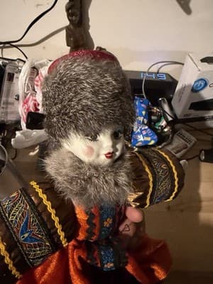 Vintage Russian Folk Doll with Faux Fur Hat & Embroidered Dress - Thumbnail 7