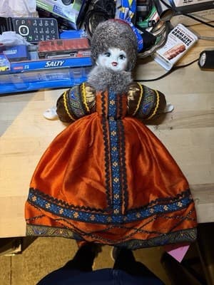 Vintage Russian Folk Doll with Faux Fur Hat & Embroidered Dress