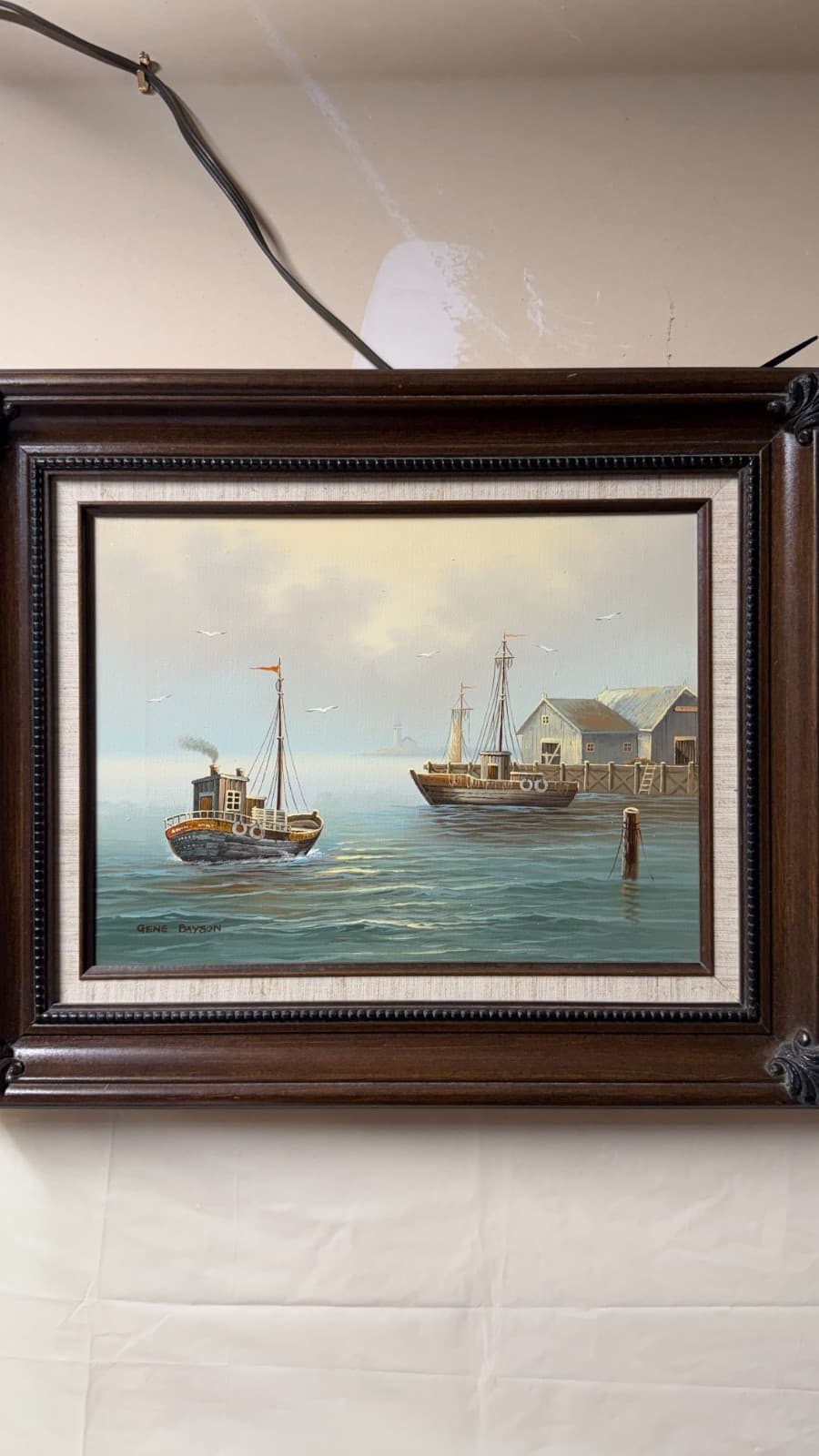 Gene Bayson Framed Seascape Painting 12x16 Boats Harbor Vintage Art