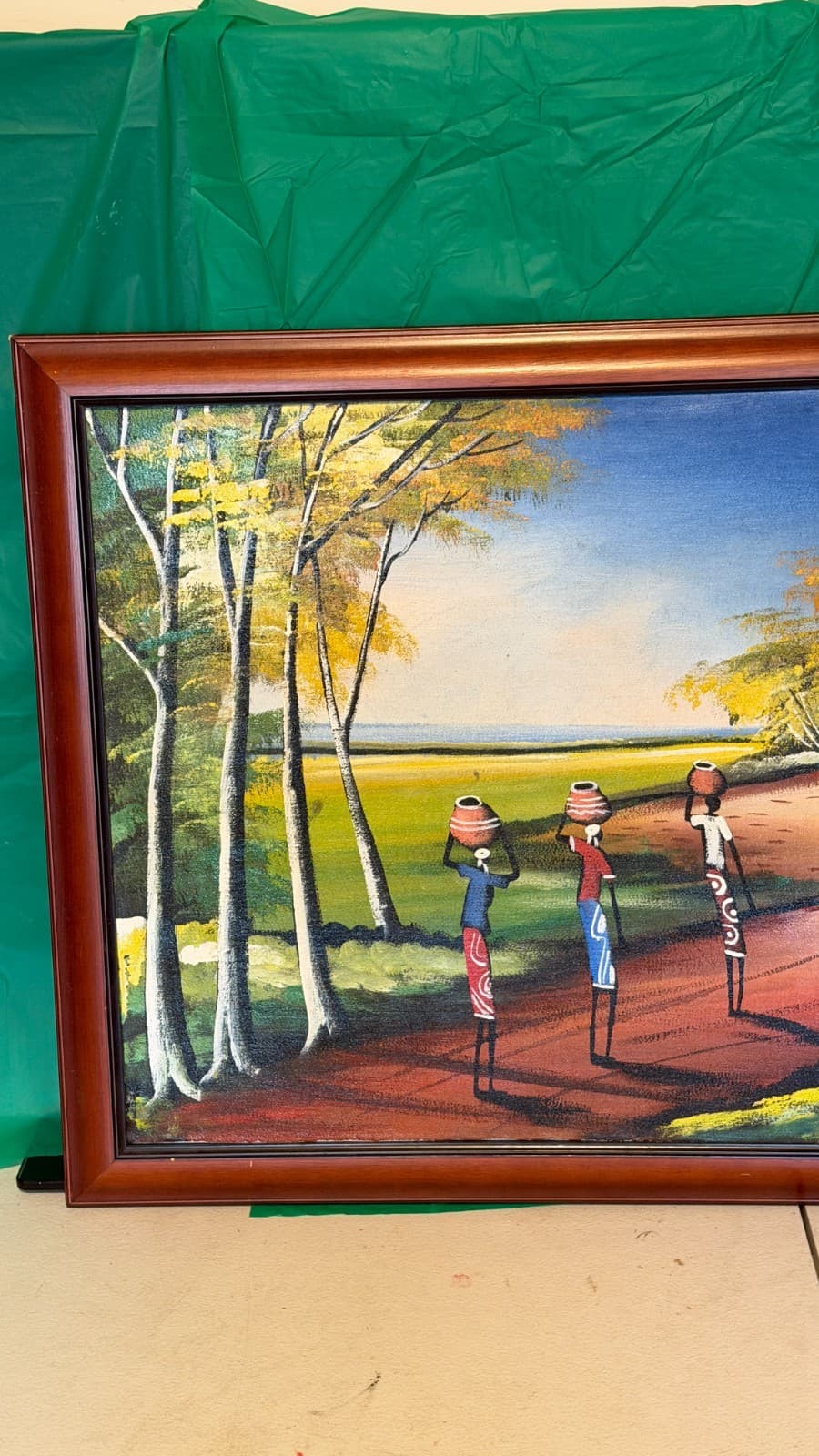 African Village Painting – Tinga Tinga Style – Signed – Framed Canvas - Thumbnail 2