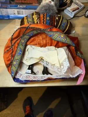 Vintage Russian Folk Doll with Faux Fur Hat & Embroidered Dress - Thumbnail 4
