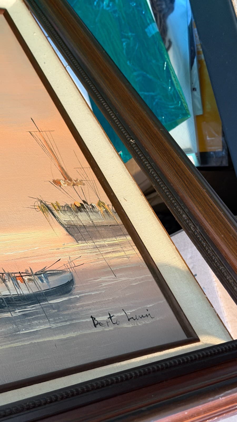 Vintage Harbor Oil Painting Signed Bertolucci — Framed Canvas 1986 - Thumbnail 15