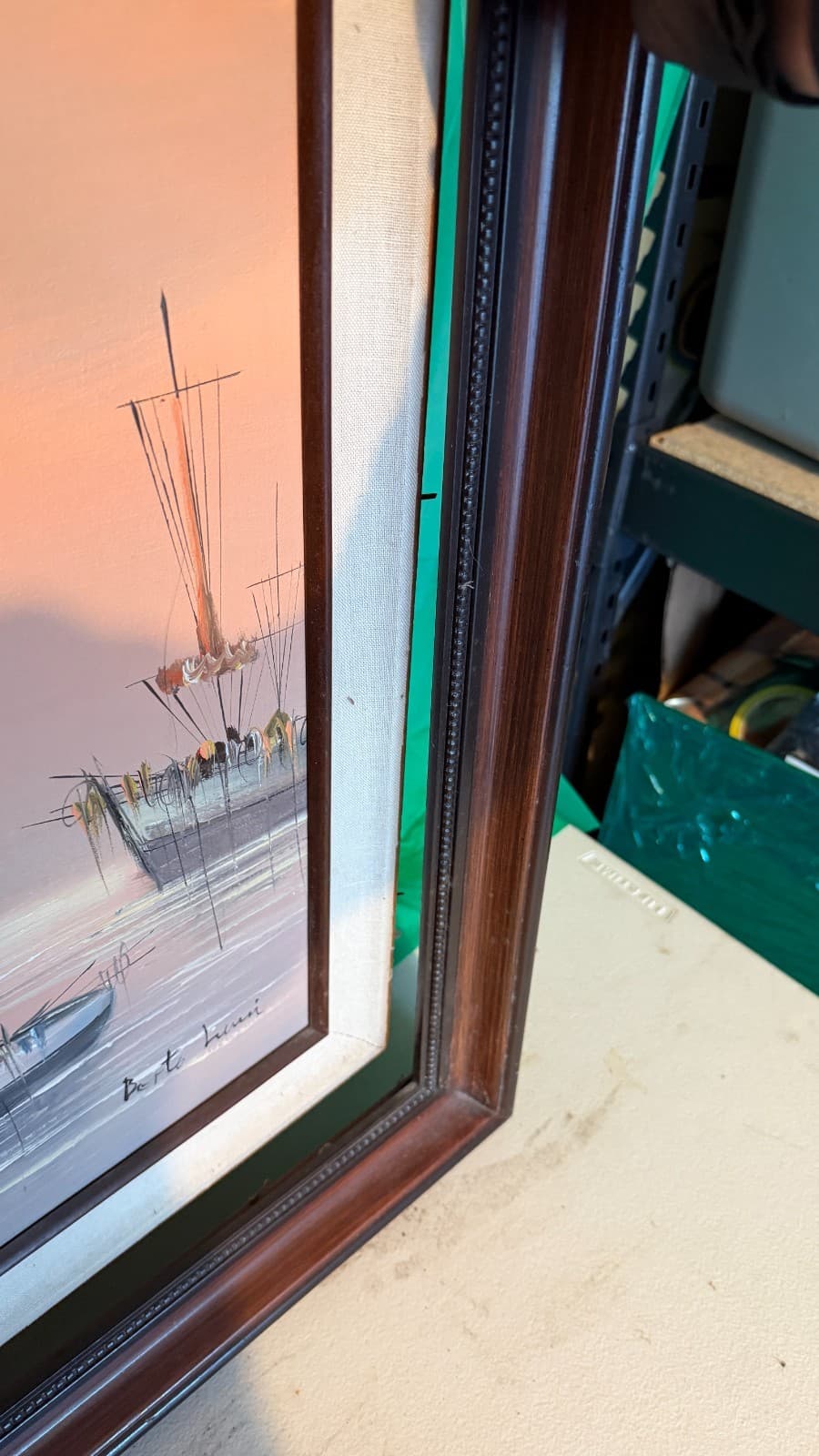 Vintage Harbor Oil Painting Signed Bertolucci — Framed Canvas 1986 - Thumbnail 17