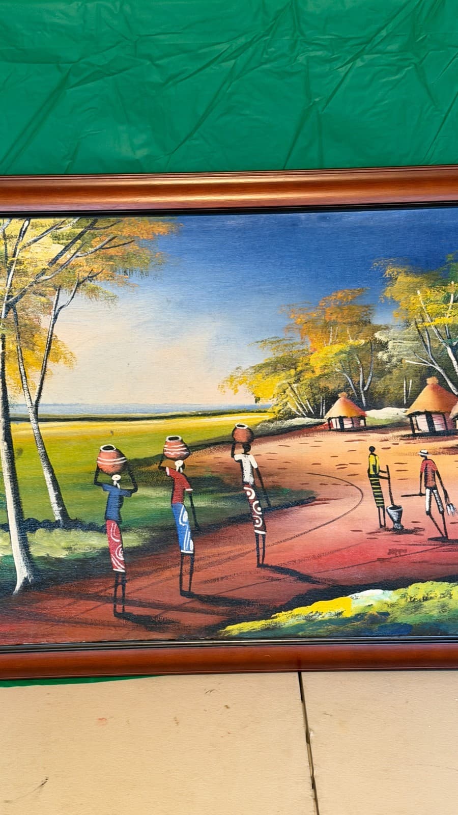 African Village Painting – Tinga Tinga Style – Signed – Framed Canvas - Thumbnail 3