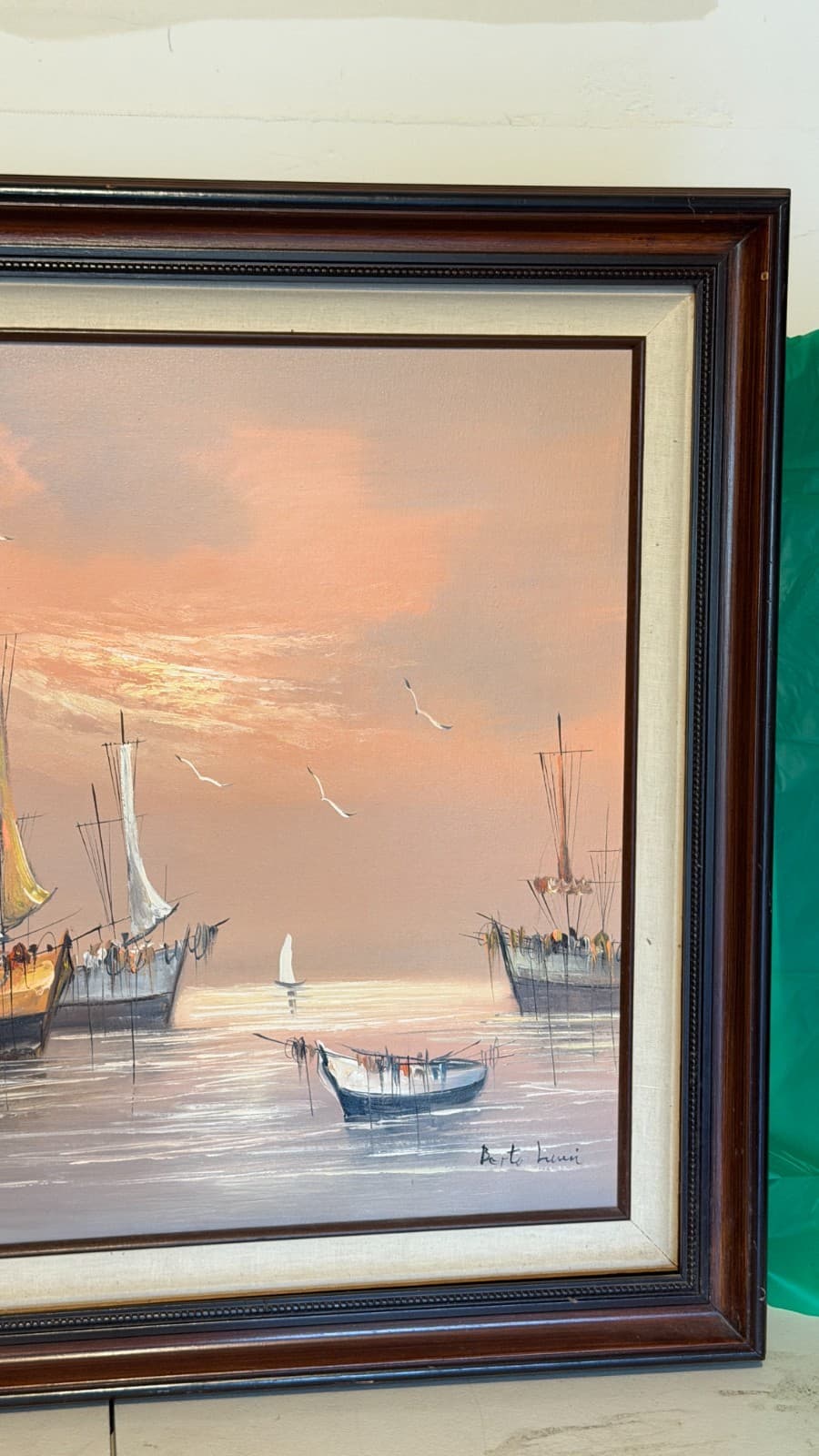 Vintage Harbor Oil Painting Signed Bertolucci — Framed Canvas 1986 - Thumbnail 5