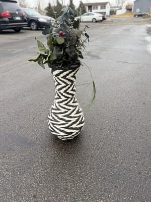 Tall Woven Black White Vase w Faux Eucalyptus Arrangement 19” - Thumbnail 2