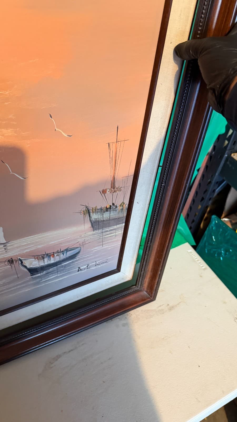 Vintage Harbor Oil Painting Signed Bertolucci — Framed Canvas 1986 - Thumbnail 16