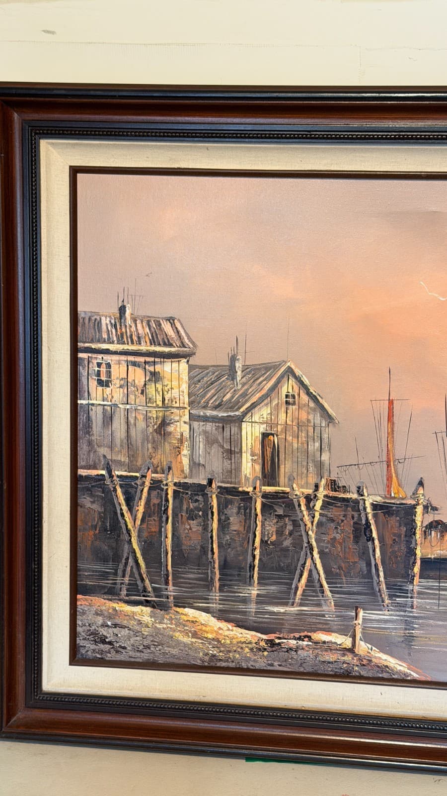 Vintage Harbor Oil Painting Signed Bertolucci — Framed Canvas 1986 - Thumbnail 2