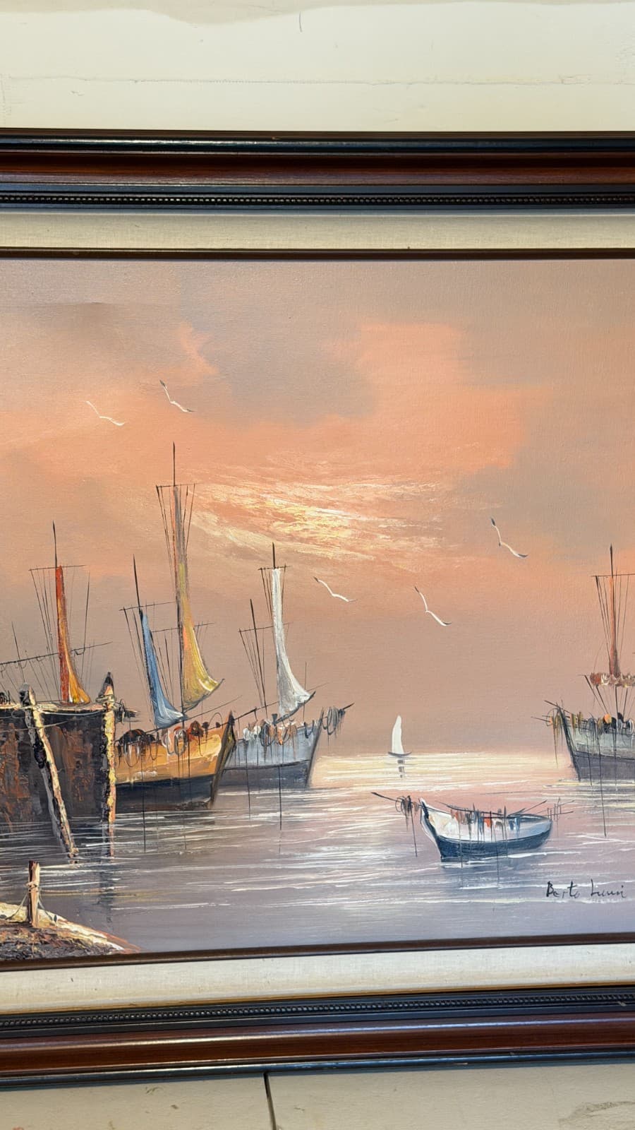 Vintage Harbor Oil Painting Signed Bertolucci — Framed Canvas 1986 - Thumbnail 4