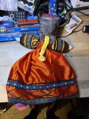 Vintage Russian Folk Doll with Faux Fur Hat & Embroidered Dress - Thumbnail 5