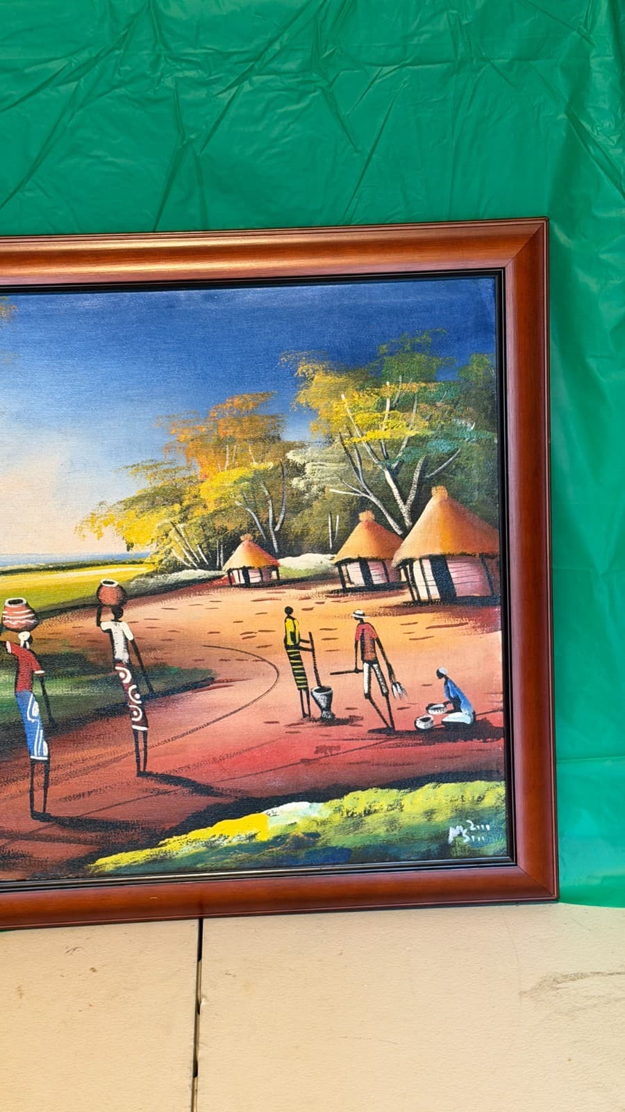 African Village Painting – Tinga Tinga Style – Signed – Framed Canvas - Thumbnail 4