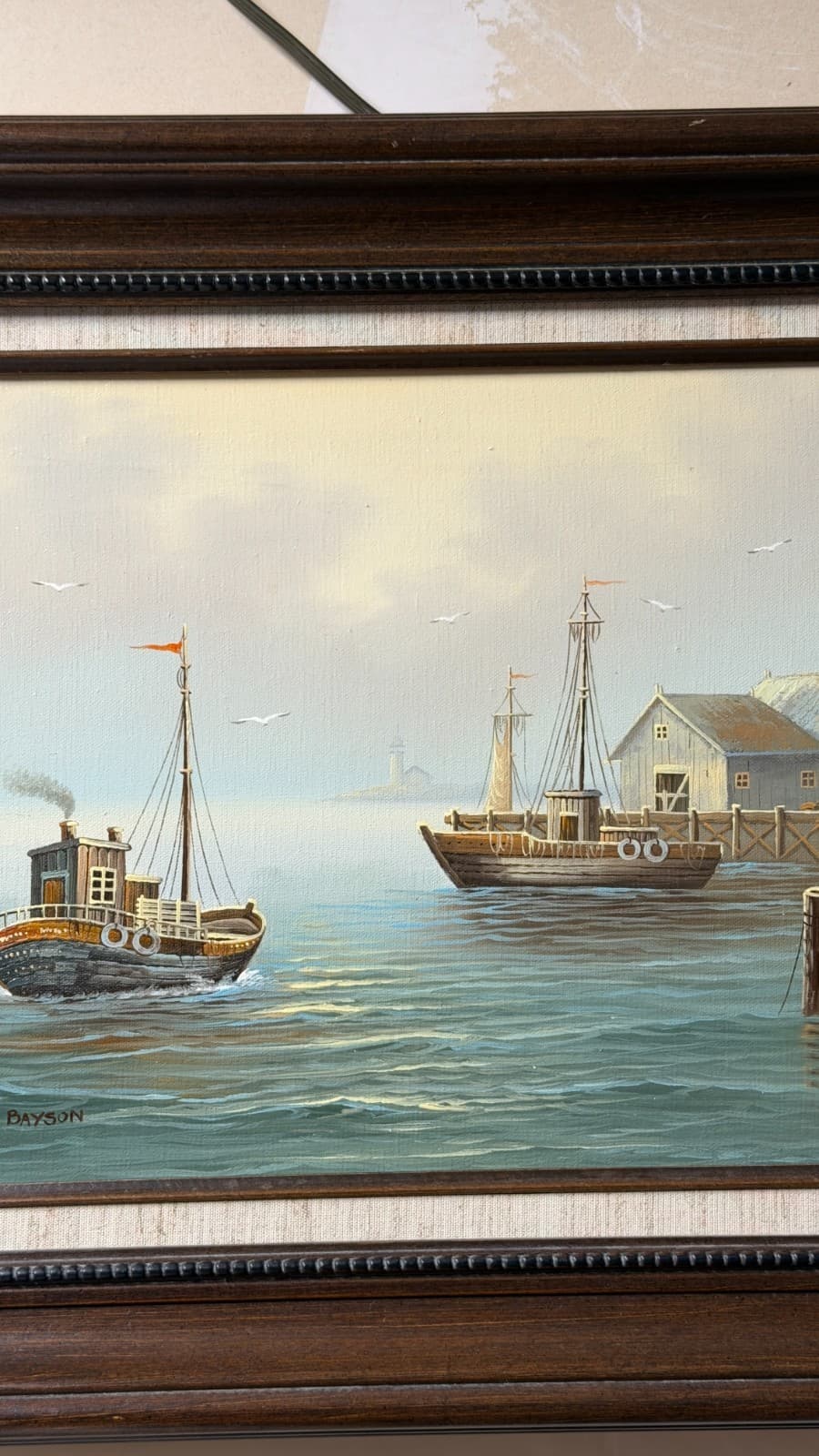 Gene Bayson Framed Seascape Painting 12x16 Boats Harbor Vintage Art - Thumbnail 4