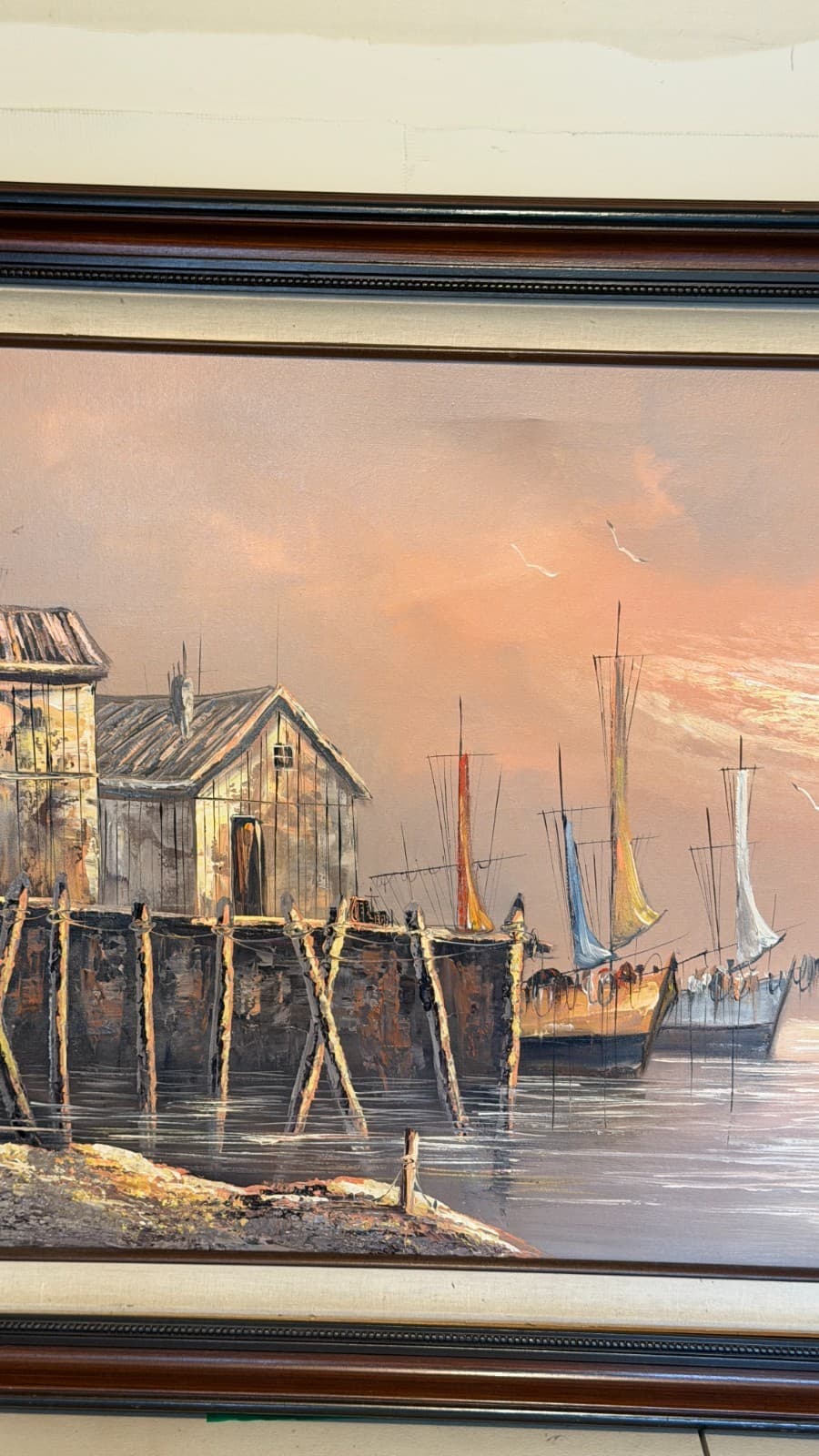 Vintage Harbor Oil Painting Signed Bertolucci — Framed Canvas 1986 - Thumbnail 3