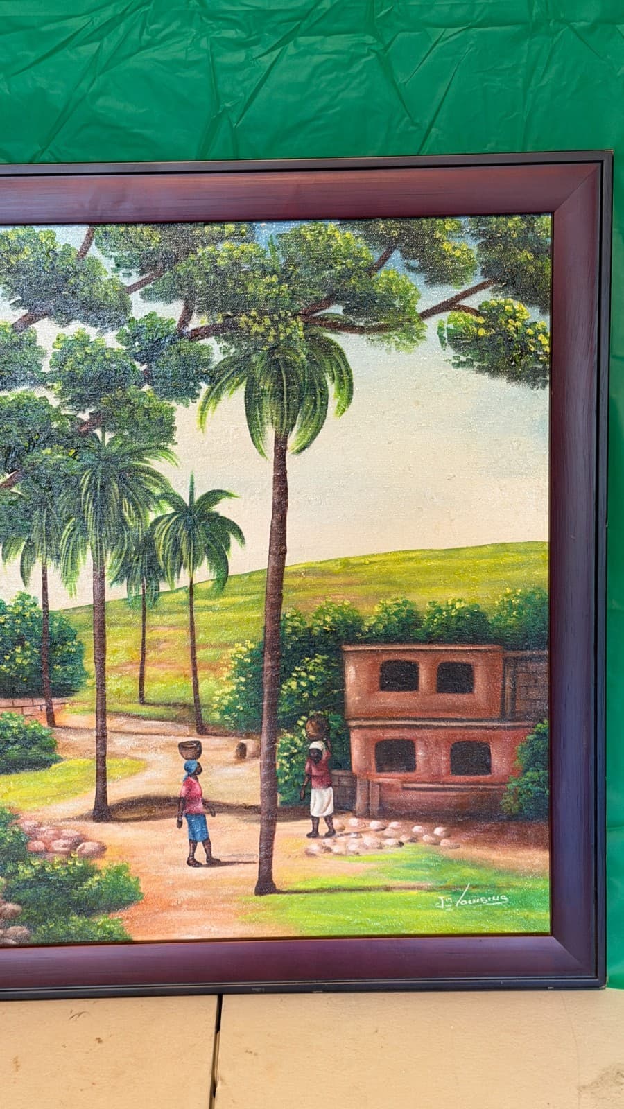 Vintage Haitian Art Painting – Signed J. Louisius – Village Scene – Framed - Thumbnail 3