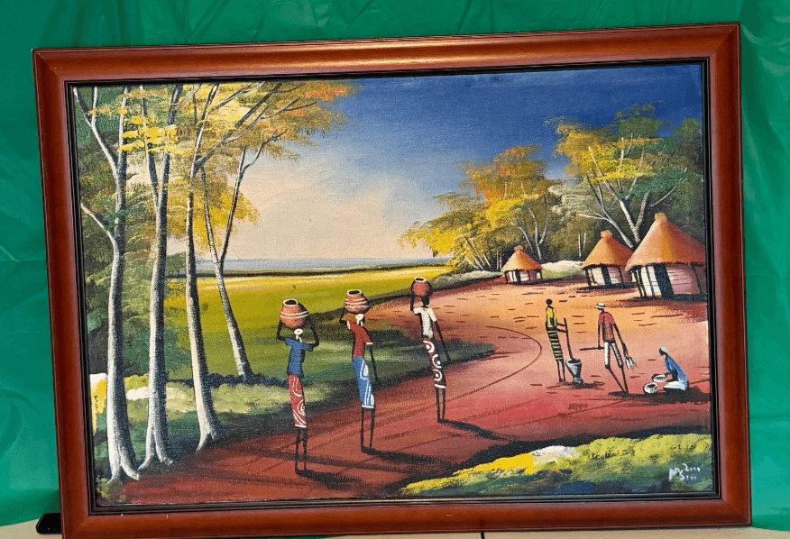 African Village Painting – Tinga Tinga Style – Signed – Framed Canvas