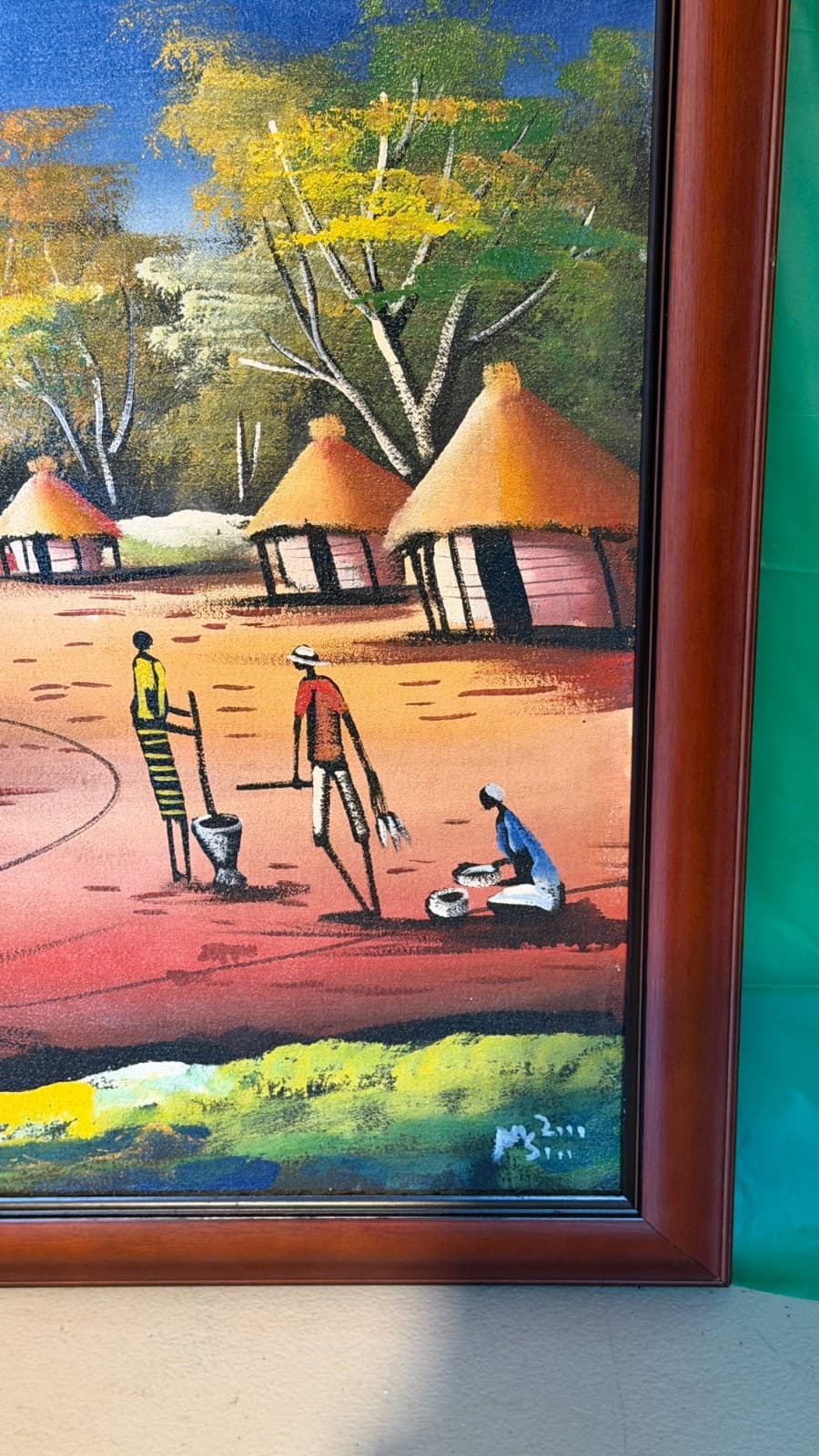 African Village Painting – Tinga Tinga Style – Signed – Framed Canvas - Thumbnail 6
