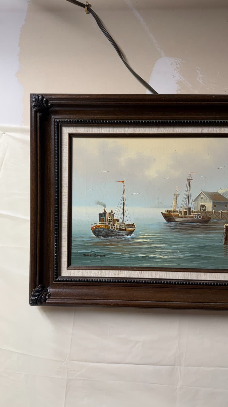 Gene Bayson Framed Seascape Painting 12x16 Boats Harbor Vintage Art - Thumbnail 3