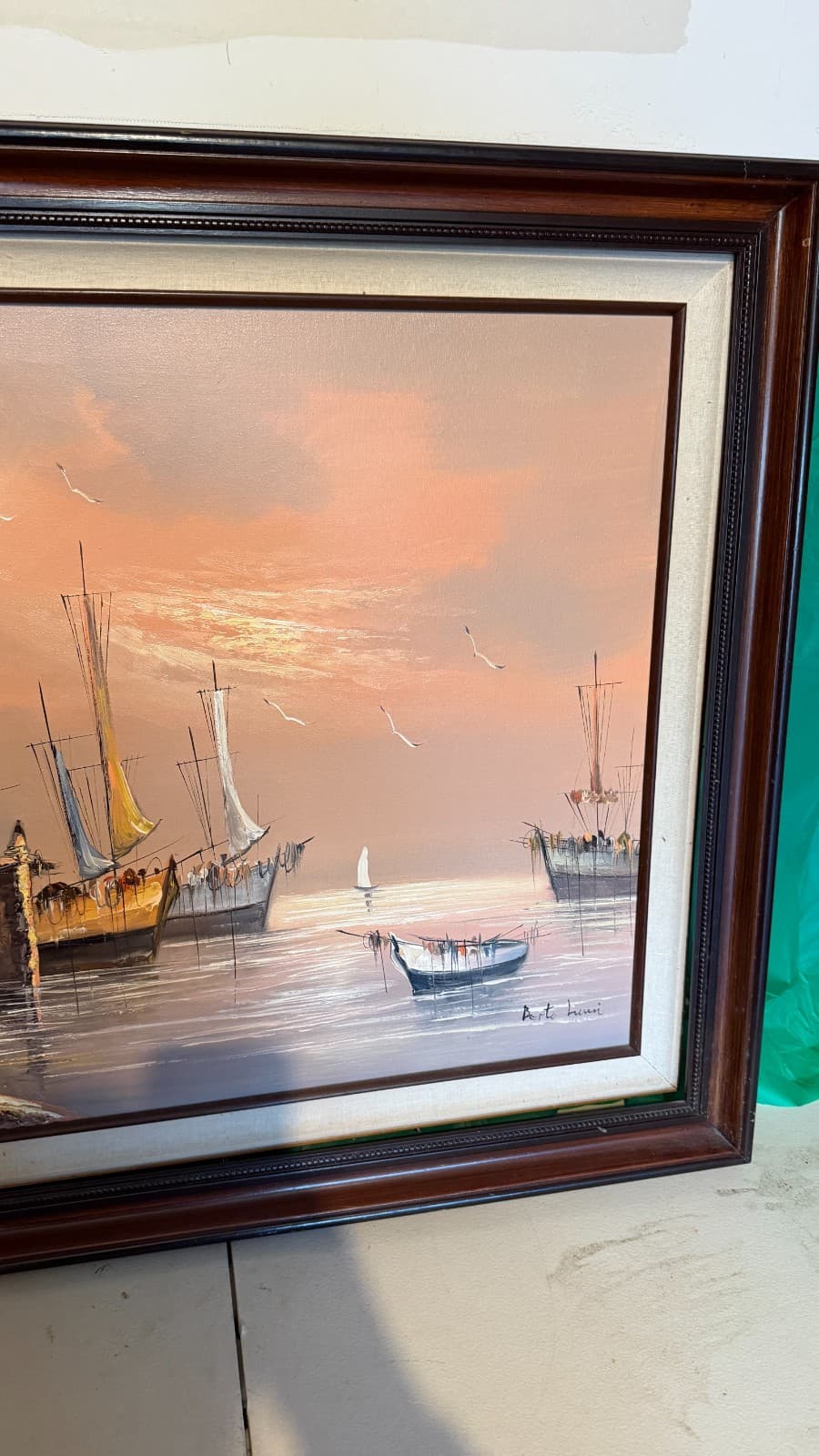 Vintage Harbor Oil Painting Signed Bertolucci — Framed Canvas 1986 - Thumbnail 8