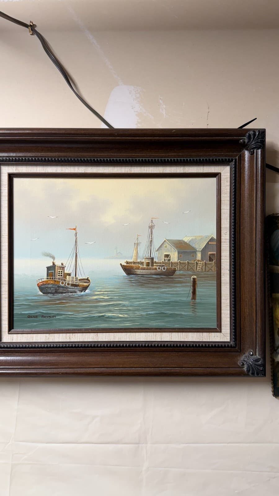 Gene Bayson Framed Seascape Painting 12x16 Boats Harbor Vintage Art - Thumbnail 2