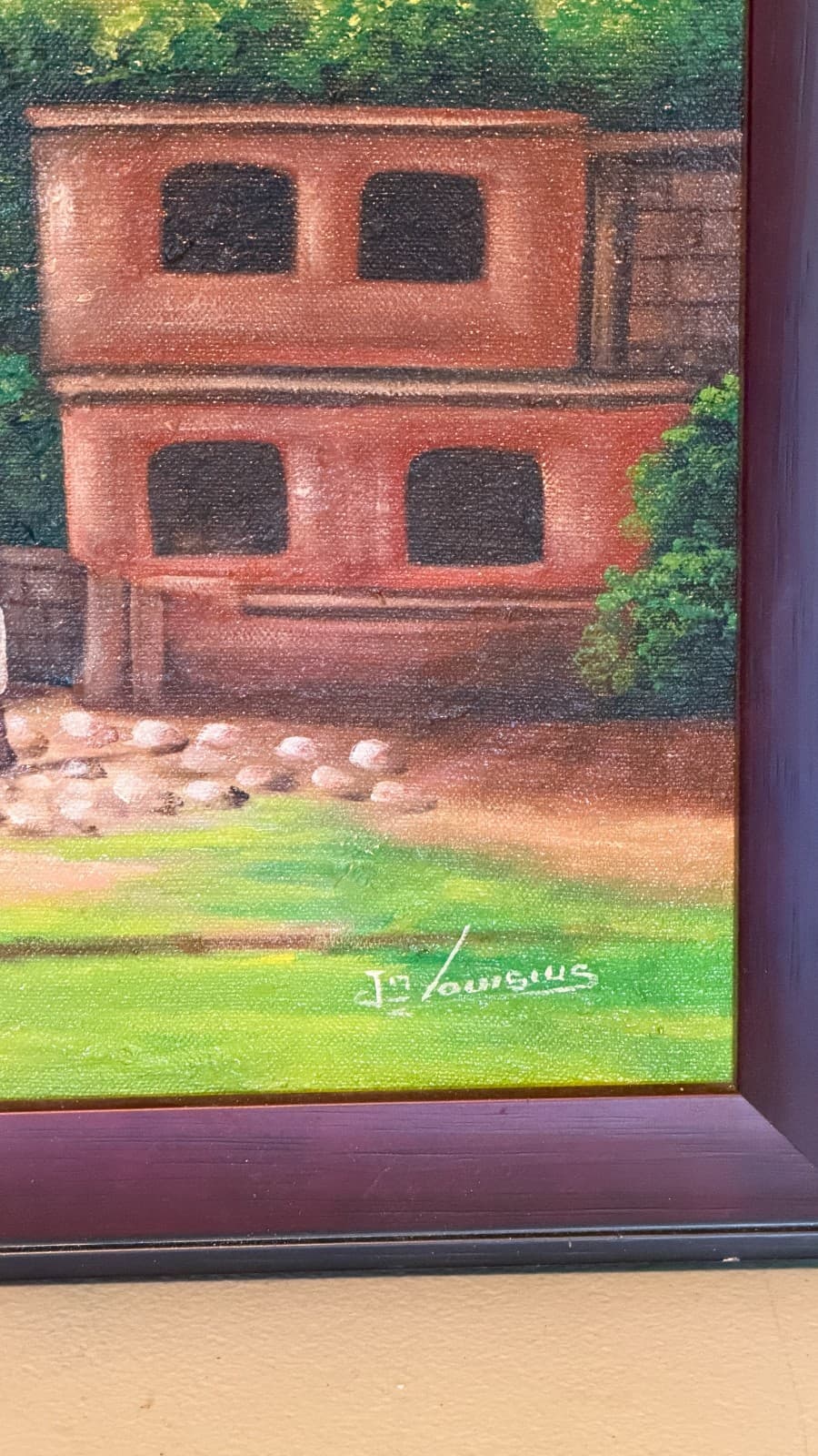 Vintage Haitian Art Painting – Signed J. Louisius – Village Scene – Framed - Thumbnail 4