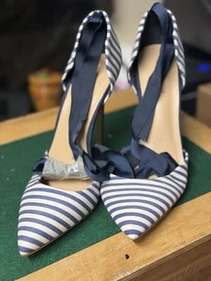 ShoeDazzle Blue White Striped Pointed Toe Heels Ankle Wrap Pumps Women’s - Thumbnail 2
