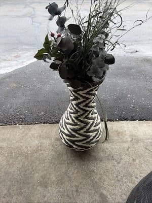 Tall Woven Black White Vase w Faux Eucalyptus Arrangement 19”