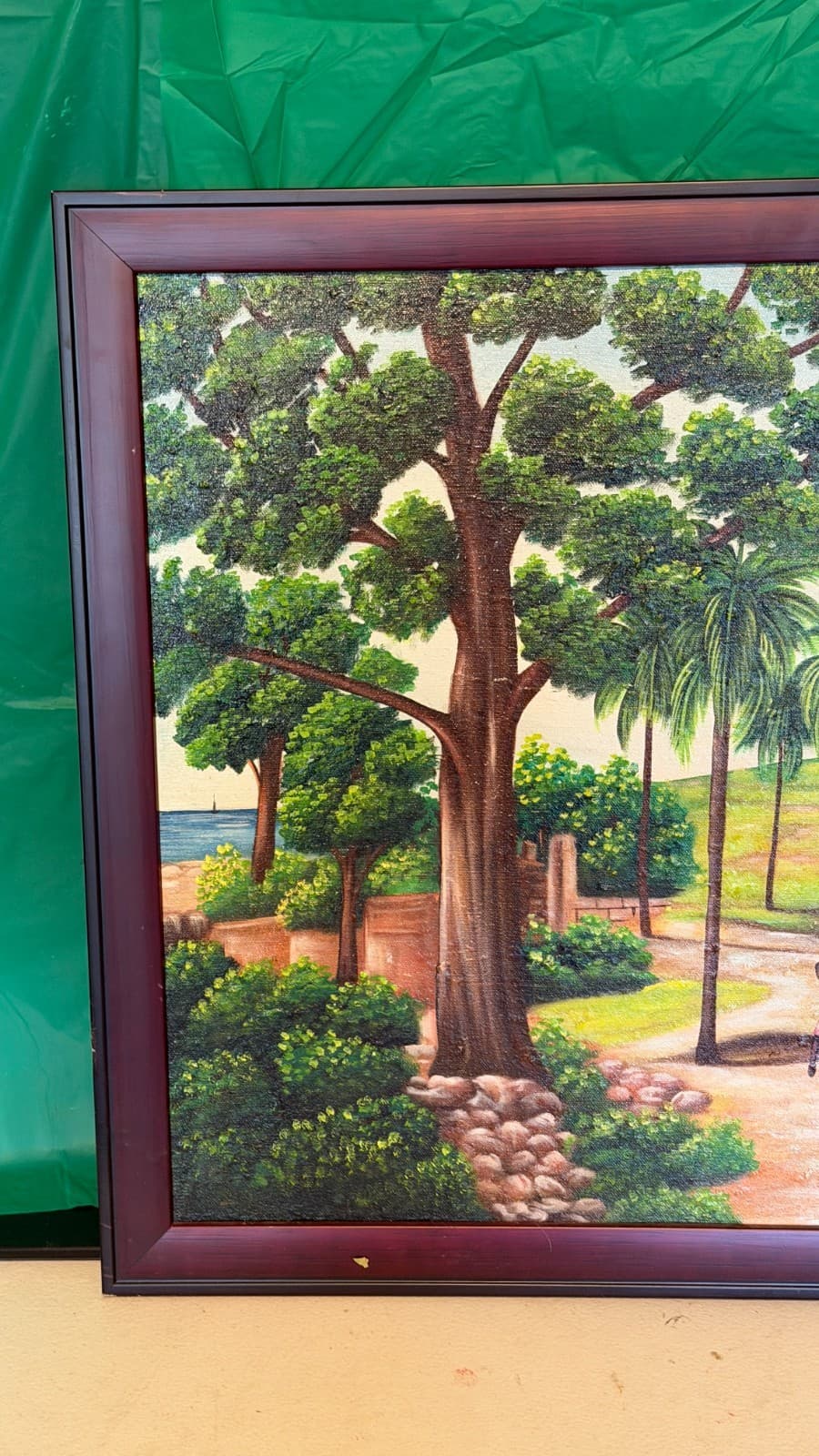 Vintage Haitian Art Painting – Signed J. Louisius – Village Scene – Framed - Thumbnail 2