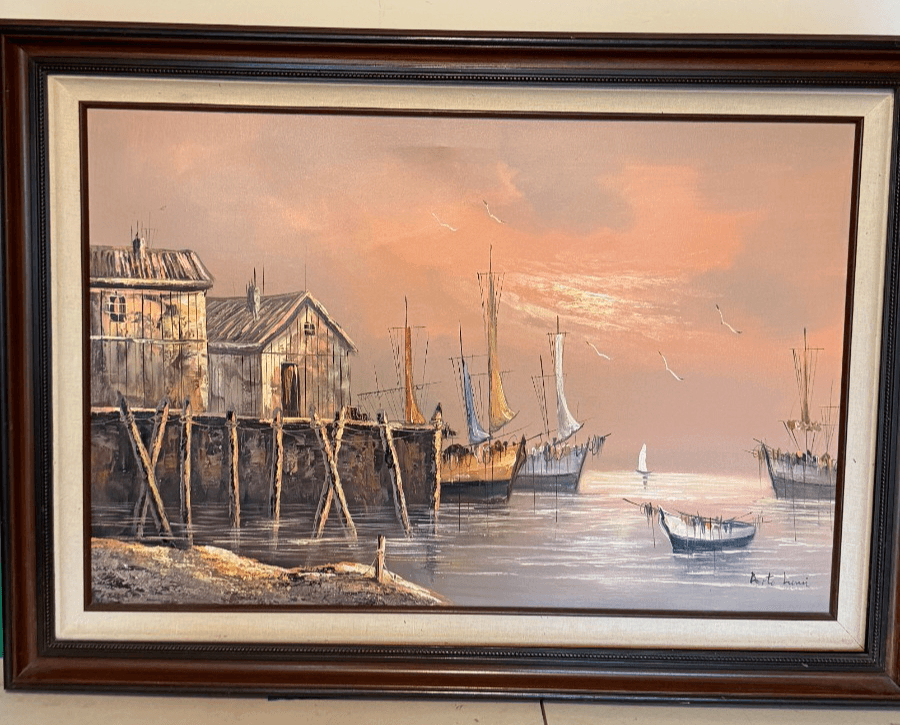 Vintage Harbor Oil Painting Signed Bertolucci — Framed Canvas 1986