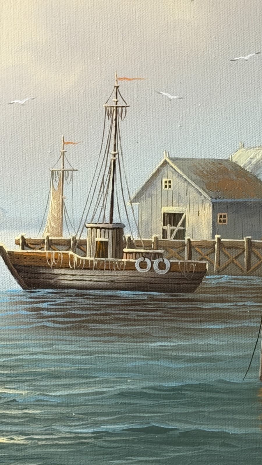 Gene Bayson Framed Seascape Painting 12x16 Boats Harbor Vintage Art - Thumbnail 6