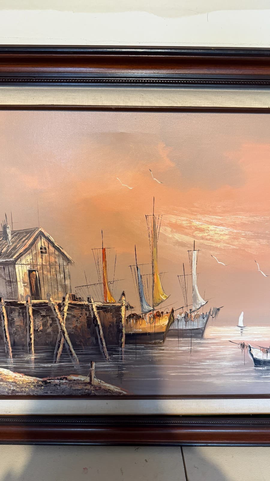 Vintage Harbor Oil Painting Signed Bertolucci — Framed Canvas 1986 - Thumbnail 6