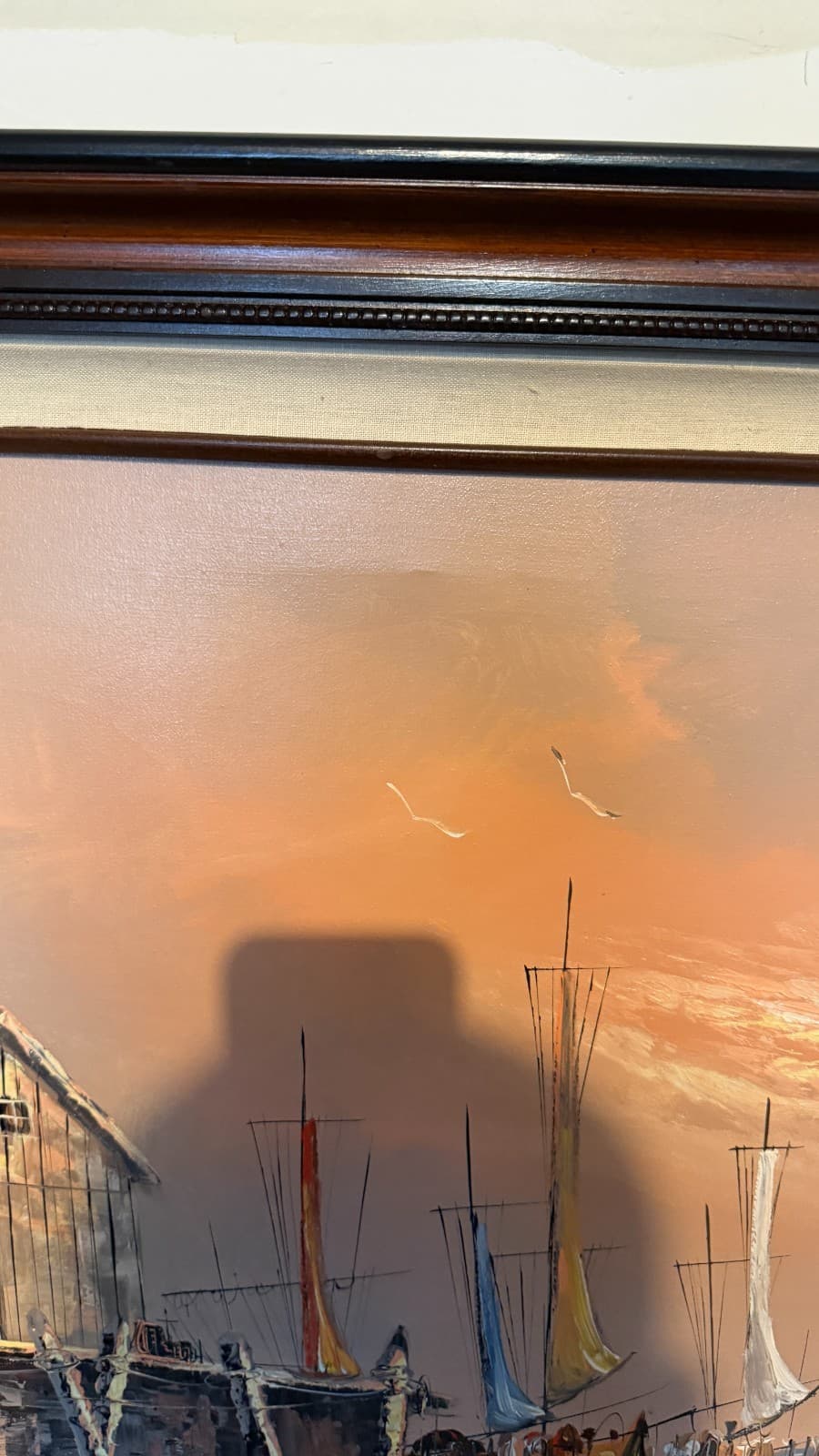 Vintage Harbor Oil Painting Signed Bertolucci — Framed Canvas 1986 - Thumbnail 7