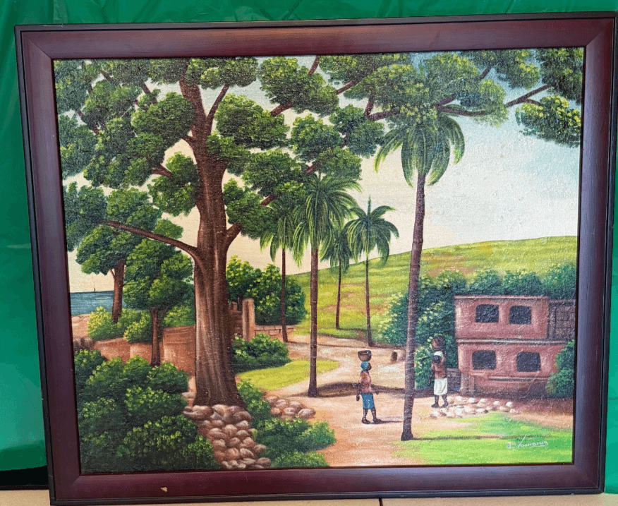 Vintage Haitian Art Painting – Signed J. Louisius – Village Scene – Framed