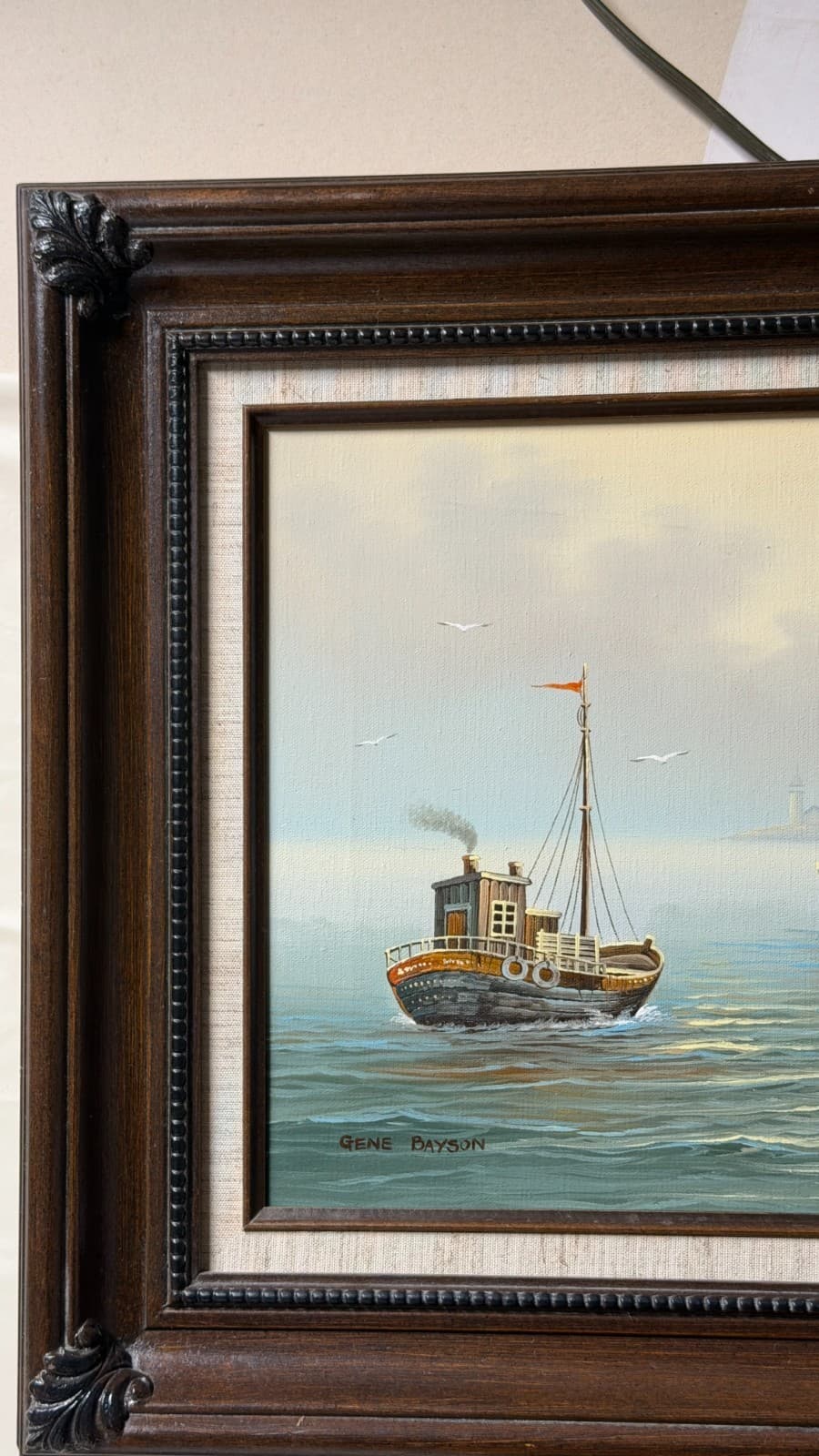 Gene Bayson Framed Seascape Painting 12x16 Boats Harbor Vintage Art - Thumbnail 20