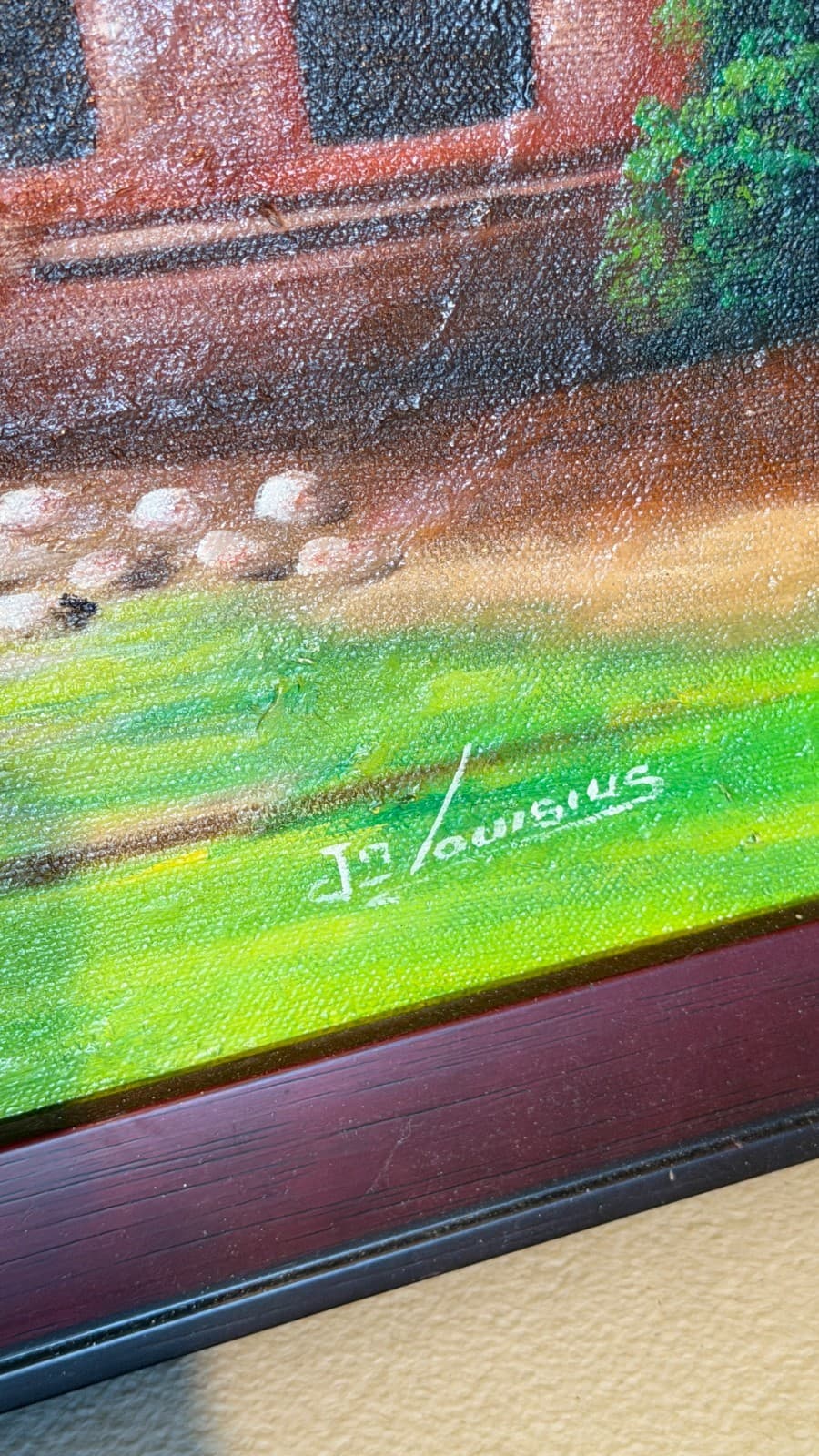Vintage Haitian Art Painting – Signed J. Louisius – Village Scene – Framed - Thumbnail 8